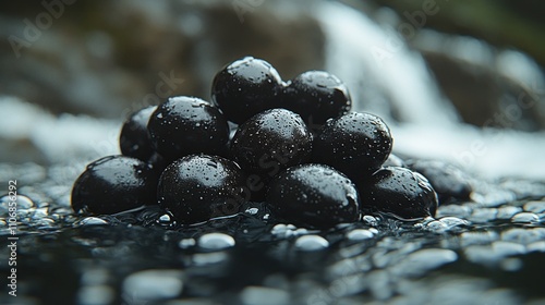 Dark, glistening berries clustered on a water-covered rock surface, with a waterfall backdrop. photo