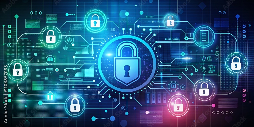 Cyber Security and Data Protection Concept Illustration with Copy Space, Featuring Technology Elements for Business Security and Privacy in a Digital Network Environment Cyber Security and Data Protection Concept Illustration with Copy Space, Featuring Technology Elements for Business Security and Privacy in a Digital Network Environment