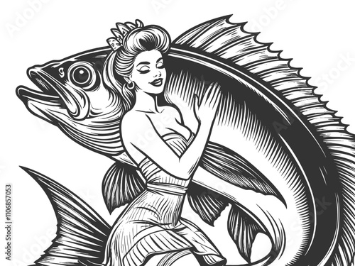 pin-up woman hugging a giant carp fish, playful and surreal sketch engraving generative ai fictional character vector illustration. Scratch board imitation. Black and white image.