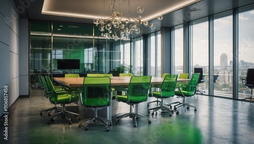Modern office meeting room with green chairs and glass walls