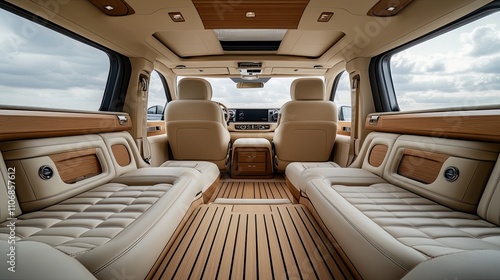 Luxurious van interior with beige leather seats, wooden trim, and sunroof.