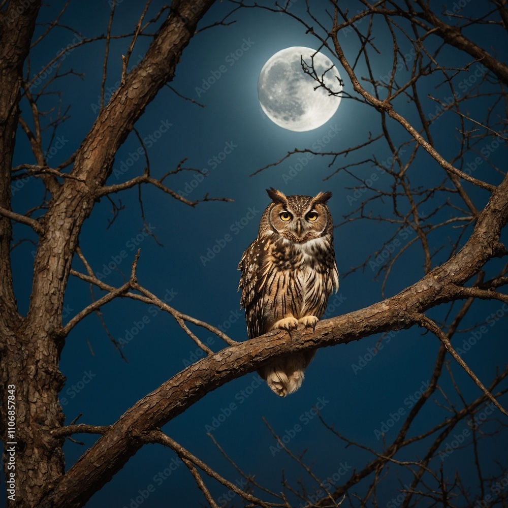 An owl perched on a tree branch under a full moon. An owl perched on a tree branch under a full moon.