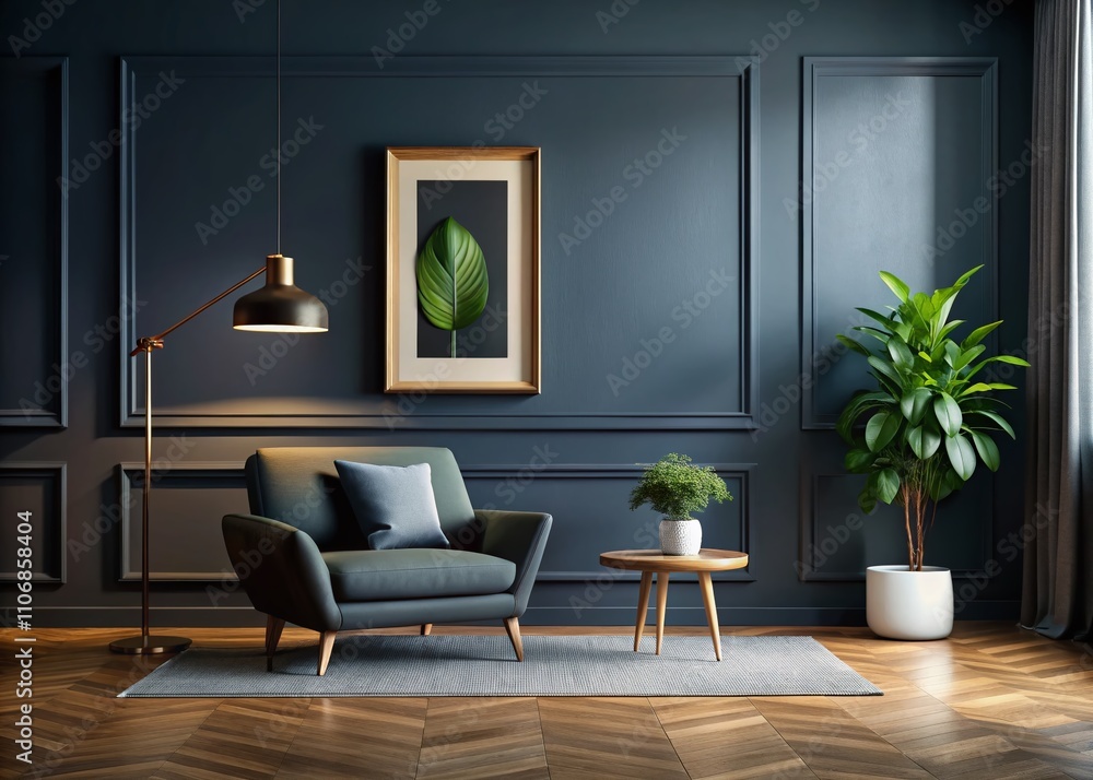 Fototapeta premium Dark Wall Minimal Art Mockup Featuring a Contemporary Design with Balanced Composition and Subtle Textures for Modern Interior Spaces