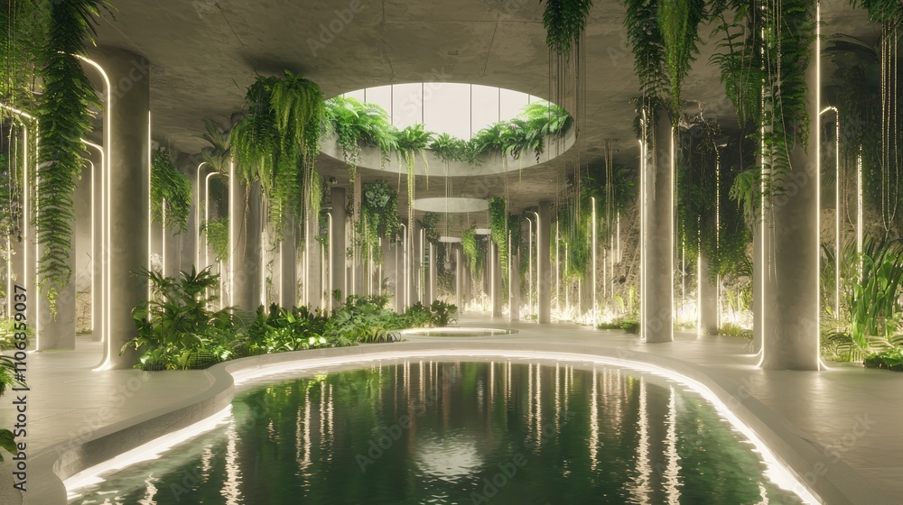 Futuristic Urban Oasis: 3D Render of Vibrant Underground Vertical Garden with Cascading Plants and Intricate Lighting Effects Futuristic Urban Oasis: 3D Render of Vibrant Underground Vertical Garden with Cascading Plants and Intricate Lighting Effects
