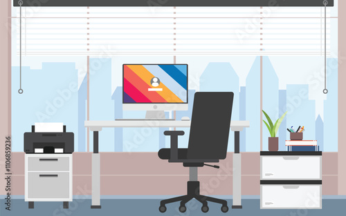 Working desk background on front view, Clean working space wide floor to ceiling window with city view, Office background with computer monitor and desk.