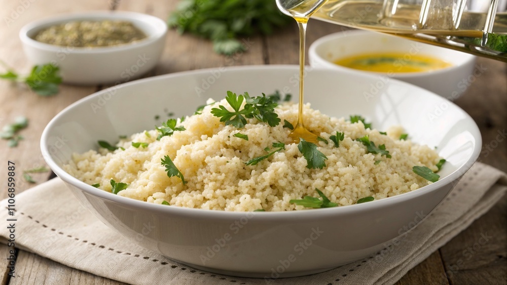 Herb couscous with olive oil and parsley garnish Herb couscous with olive oil and parsley garnish