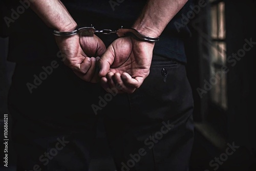 Person hands cuffed behind their back with shiny metal handcuffs, wearing dark clothing, standing in a dimly lit area with a shadowy background.