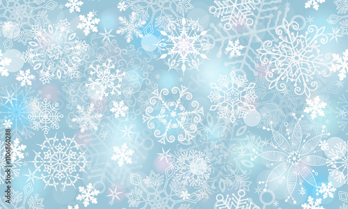 Vector seamless pattern with snowflakes and bokey on a blue background. Christmas and New Year design