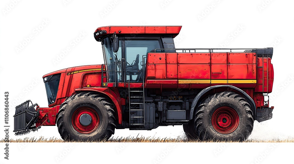 A red combine harvester stands out, representing agricultural machinery on a white background A red combine harvester stands out, representing agricultural machinery on a white background