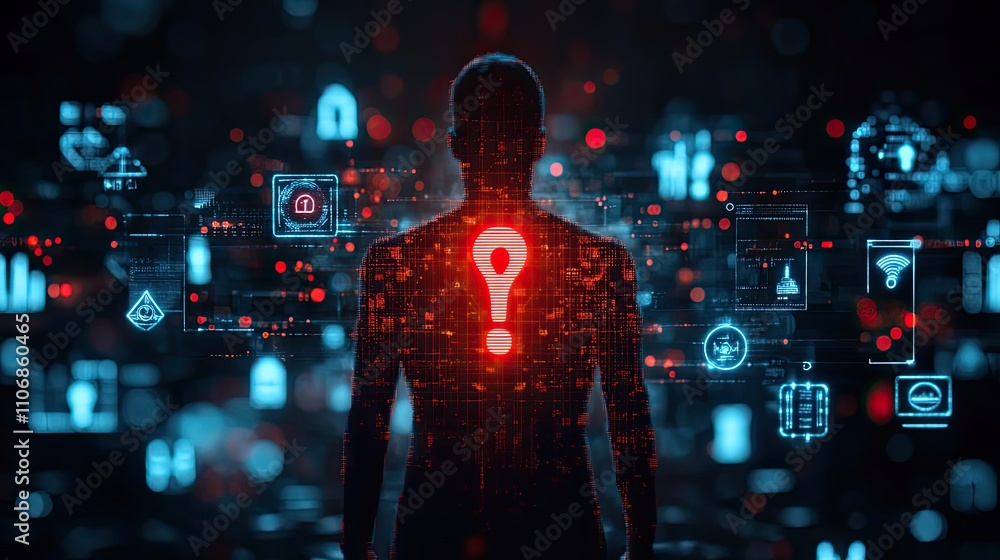 A red exclamation mark in a triangle surrounded by cybersecurity icons on a black background with blue and white neon colors A red exclamation mark in a triangle surrounded by cybersecurity icons on a black background with blue and white neon colors