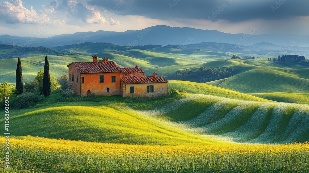Serene Tuscan landscape featuring rolling hills and a rustic farmhouse. Serene Tuscan landscape featuring rolling hills and a rustic farmhouse.
