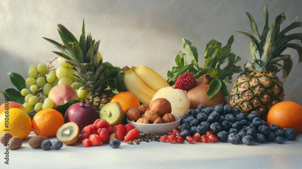 A vibrant arrangement of various fruits and nuts on a neutral background. A vibrant arrangement of various fruits and nuts on a neutral background.