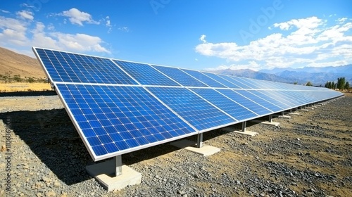 A panoramic view of a solar farm with rows of solar panels glistening in the sunlight, emphasizing renewable energy photo