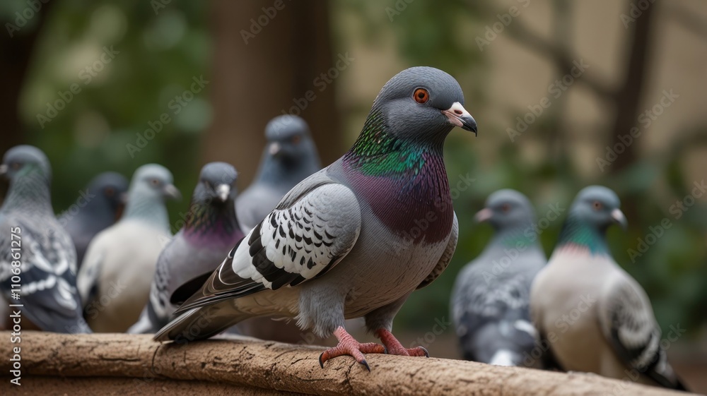 Fototapeta premium A flock of pigeons perched on a stone ledge.