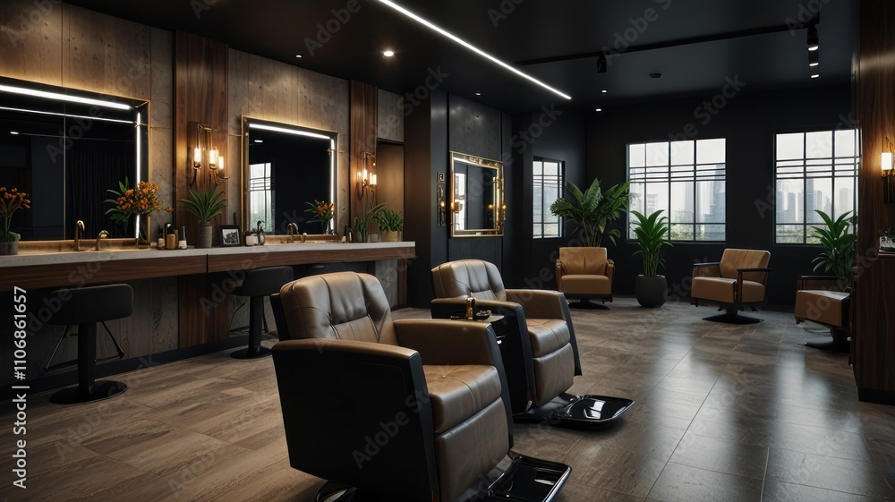 Fototapeta premium Modern barber shop interior with dark wood, leather chairs, and large windows.