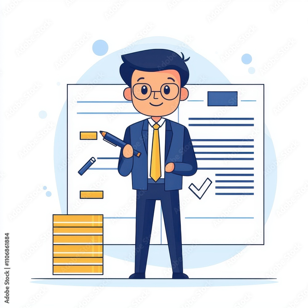 Tax planning deduction concept. A cheerful cartoon character in business attire stands with a pen, next to a checklist and stacked documents, representing productivity and organization. Tax planning deduction concept. A cheerful cartoon character in business attire stands with a pen, next to a checklist and stacked documents, representing productivity and organization.