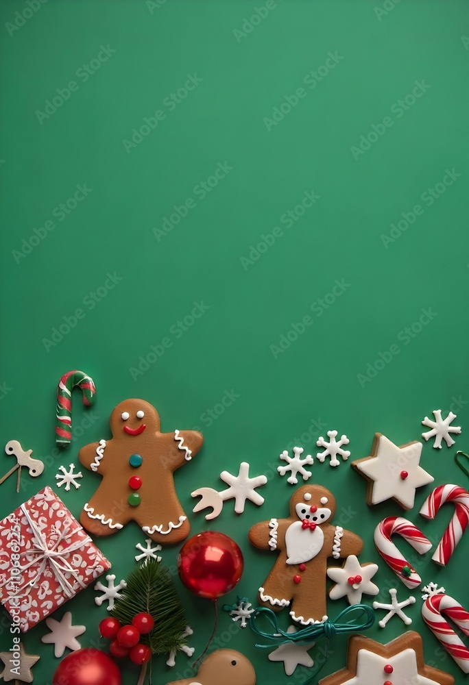 Naklejka premium A Christmas-themed composition with various holiday decorations and treats, including a gingerbread man , candy canes , and a Santa hat , against a green background