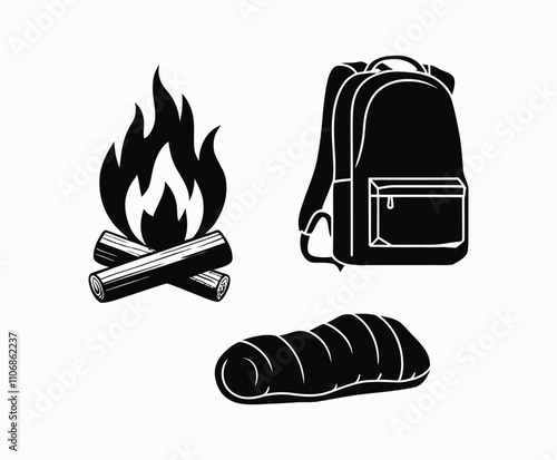 Bonfire Silhouette Vector with Backpack and Campfire