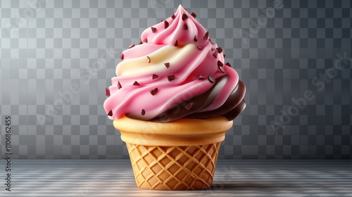 Delicious three-color ice cream cone with pink, white, and dark chocolate swirls topped with chocolate chips, presented on a light wooden surface. photo