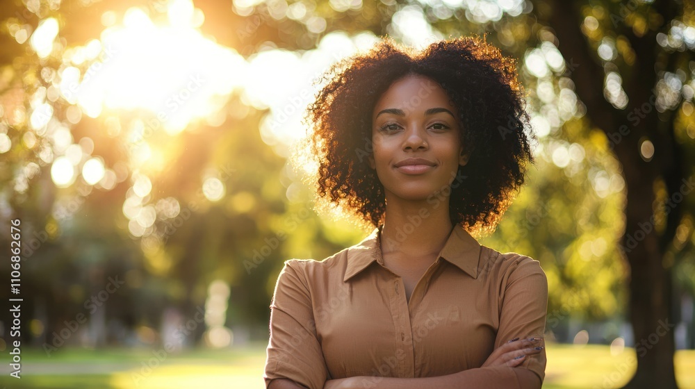 A portrait of a woman standing in a sunlit park, showcasing her relaxed demeanor amidst nature A portrait of a woman standing in a sunlit park, showcasing her relaxed demeanor amidst nature