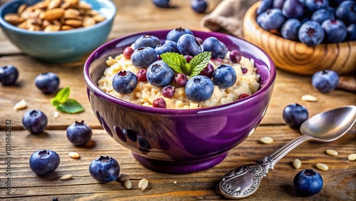 Delicious Oatmeal with Blueberries, Almonds, and Oat Flakes Served in a Vibrant Purple Bowl Perfect for Healthy Breakfast Inspiration and Culinary Photography