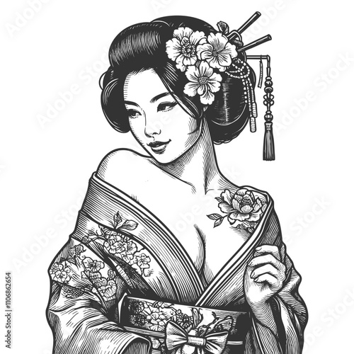 geisha in a floral-patterned kimono, asian woman sketch engraving generative ai fictional character vector illustration. Scratch board imitation. Black and white image.
