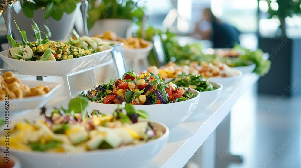 A vibrant display of fresh salads and vegetables in a modern dining setting. A vibrant display of fresh salads and vegetables in a modern dining setting.