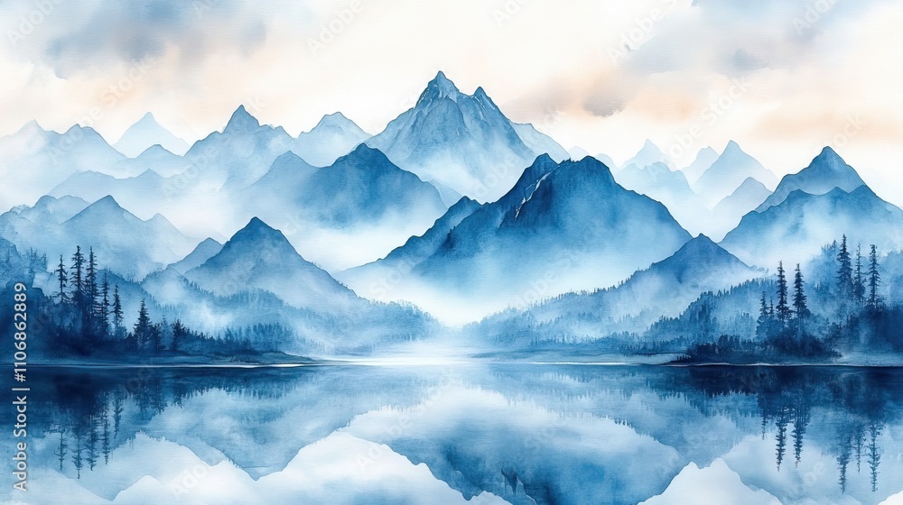 custom made wallpaper toronto digitalA scenic watercolor painting of mountains, blending natural beauty with artistry