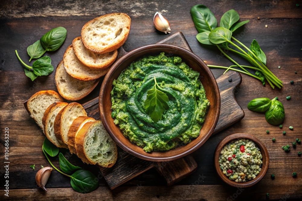 Delicious Spinach Appetizer or Dip Served with Bread on a Rustic Dark Background, Perfect for Entertaining and Sharing, with Ample Copy Space for Text or Branding Delicious Spinach Appetizer or Dip Served with Bread on a Rustic Dark Background, Perfect for Entertaining and Sharing, with Ample Copy Space for Text or Branding