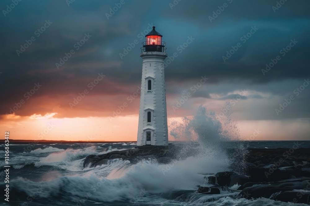 Lighthouse with waves crashing and sunset sky in background. Lighthouse with waves crashing and sunset sky in background.
