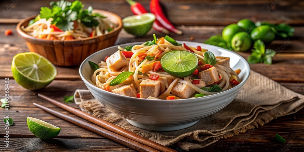 Delicious Tofu Pad Thai in a White Ceramic Bowl with Fresh Lime Slice on a Rustic Kitchen Counter, Perfect for Food Photography Lovers and Culinary Enthusiasts Delicious Tofu Pad Thai in a White Ceramic Bowl with Fresh Lime Slice on a Rustic Kitchen Counter, Perfect for Food Photography Lovers and Culinary Enthusiasts