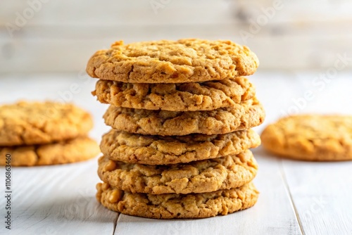 Delicious Triple Stack of Golden-Baked Oatmeal Cookies on a Pristine White Backdrop Perfect for Food Photography and Dessert Lovers