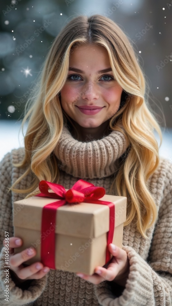 girl with gift box on snowy background girl with gift box on snowy background