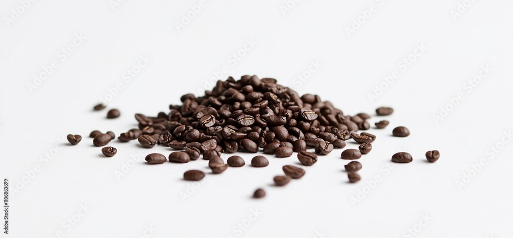 A pile of dark, roasted coffee beans on a white background. A pile of dark, roasted coffee beans on a white background.