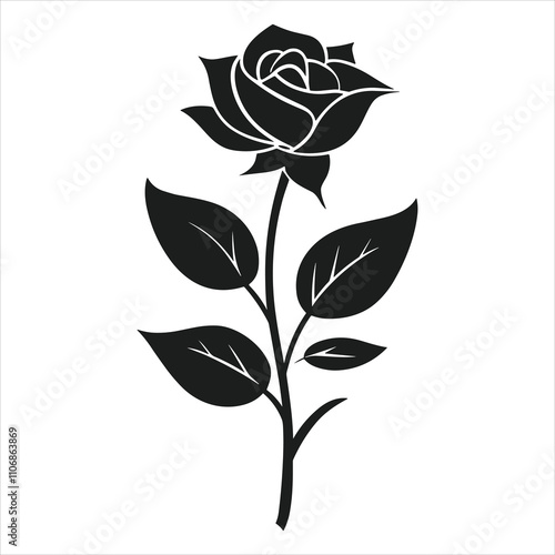 Vector black silhouette of a rose flower with stem isolated on a white background