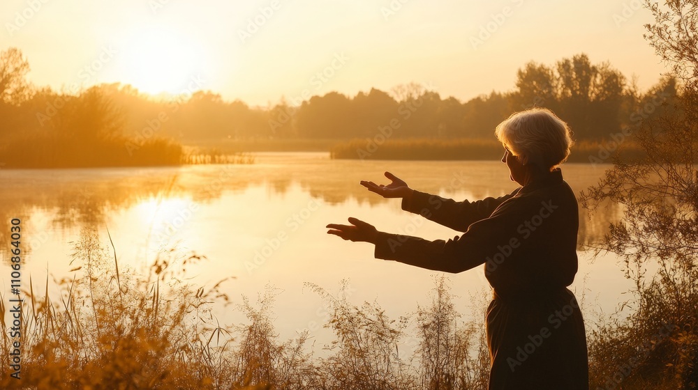 A senior woman practicing tai chi by a lake at sunrise, in harmony with nature A senior woman practicing tai chi by a lake at sunrise, in harmony with nature