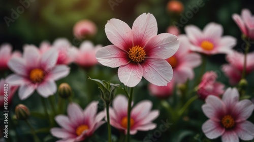 Close-up of pink flowers with dew drops.