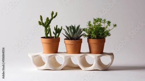 Three succulents in terracotta pots on a modern white planter.