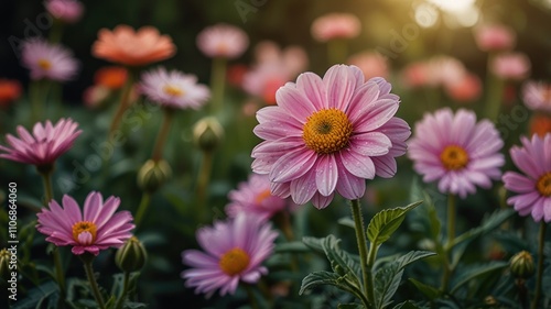 Pink daisies in a field at sunset.