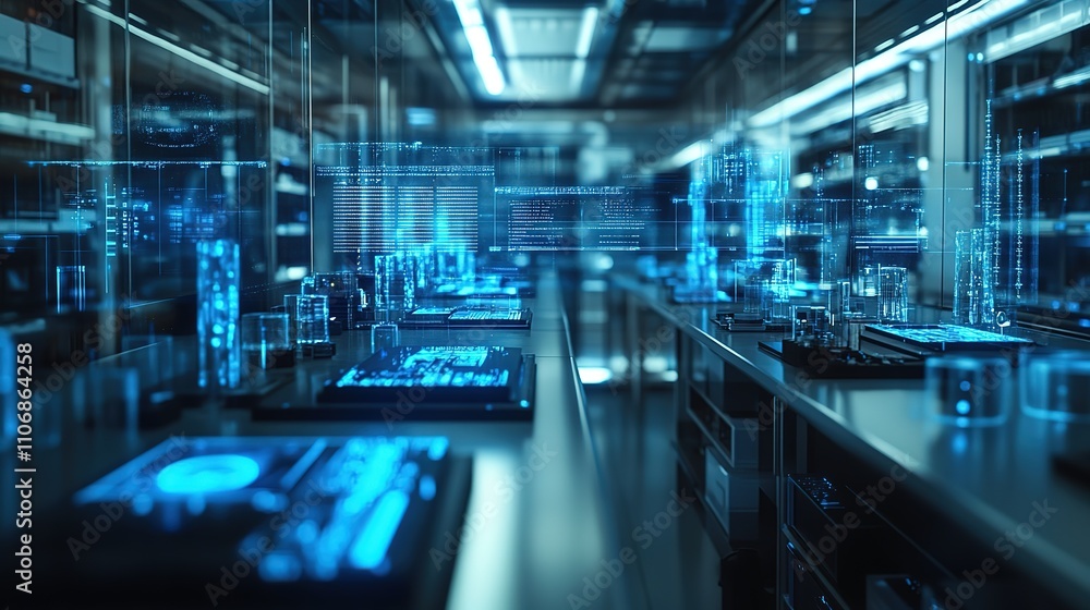 Futuristic laboratory with holographic interfaces. Futuristic laboratory with holographic interfaces.