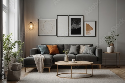 Stylish home living room interior with sofa and window. Mockup frame