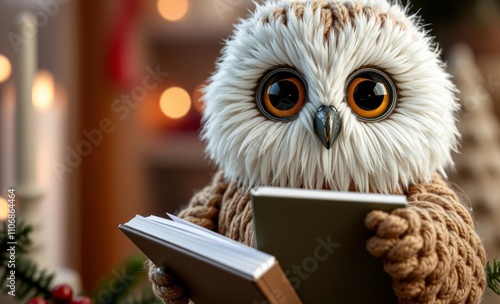 owl christmas Knitted ceramic reading owl with book  animal, decoration, season, bird photo