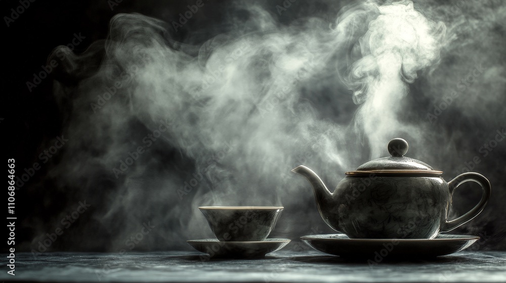 A simple, serene photo of a tea set with steam rising from a cup