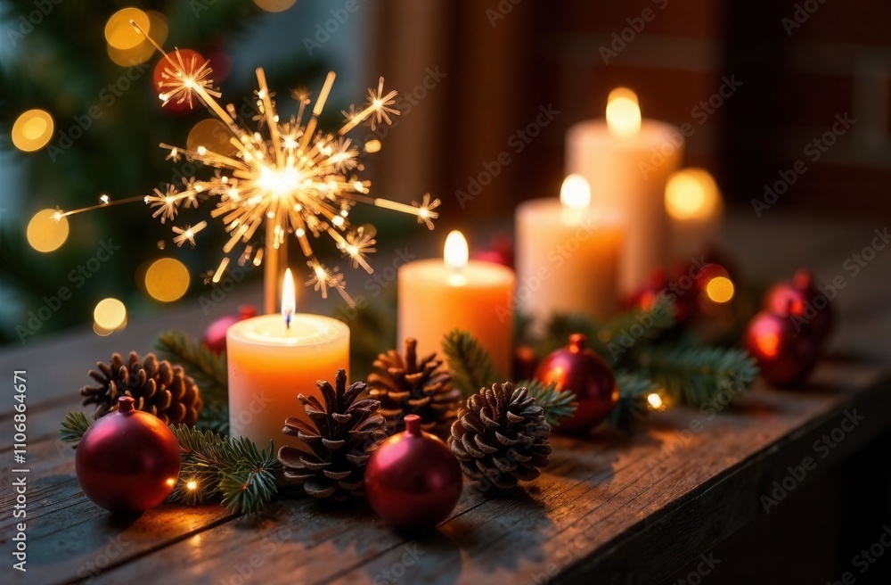 Christmas decorations candles, cones, balls, sparklers, Christmas background Christmas decorations candles, cones, balls, sparklers, Christmas background
