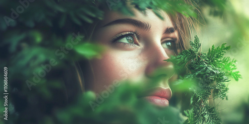 Young woman gazes serenely through lush greenery, surrounded by vibrant foliage.