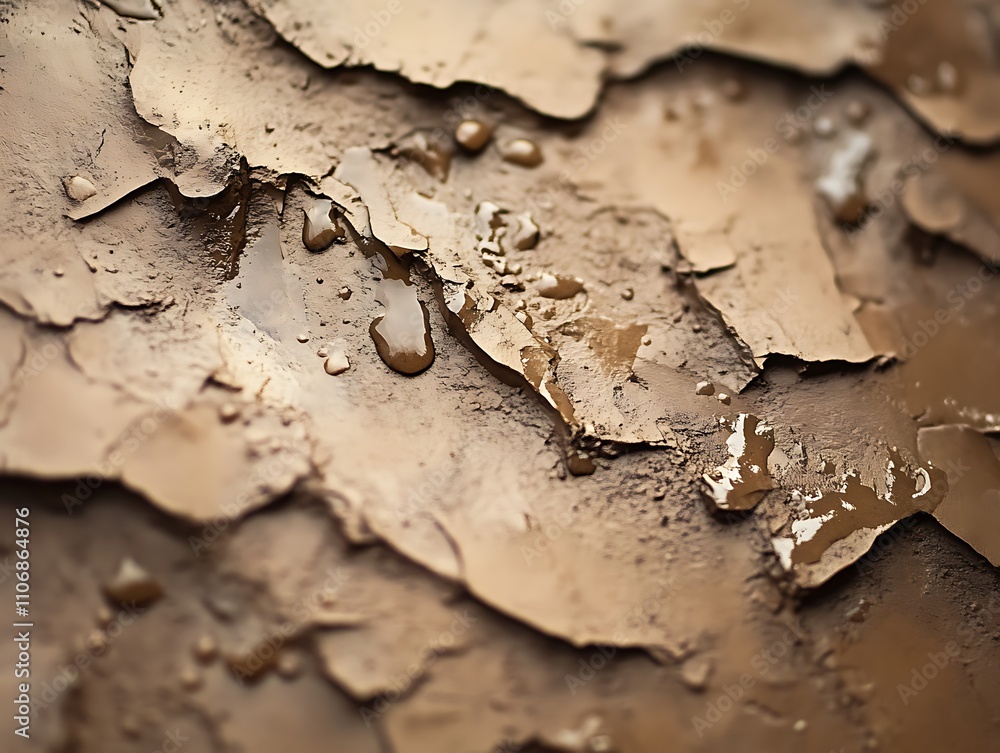 Close-up of cracked, dry earth with water droplets. Close-up of cracked, dry earth with water droplets.