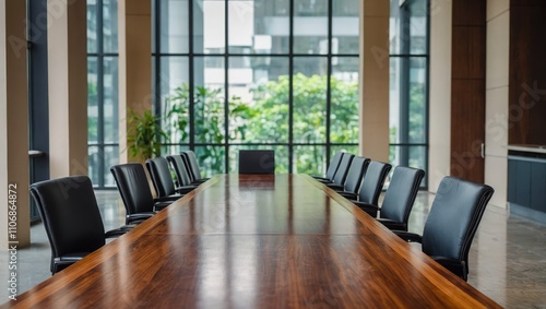 Top view of office meeting room interior with wooden table and chairs in row