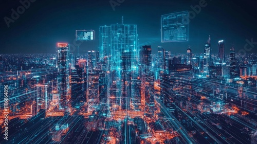 Wallpaper Mural A skyline of a futuristic city with sleek buildings, holograms, and advanced tech displays Torontodigital.ca