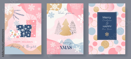 Greeting Christmas holidays  card set with abstract shapes, snowflakes, gift boxes, Christmas tree, snowflakes pattern, background, cute decoration, template, vector illustration
