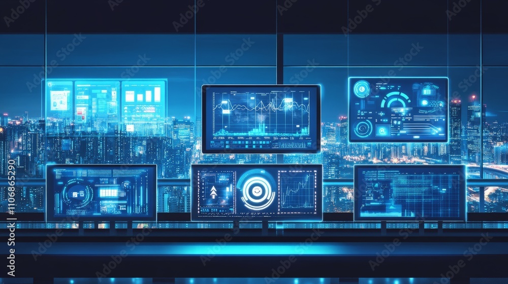 Fototapeta premium A smart city control room with monitors displaying traffic, pollution, and energy usage